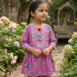 Turquoise pink printed girls kurta set with matching trousers, comfortable cotton ethnic outfit for kids festive wear in Peshawar