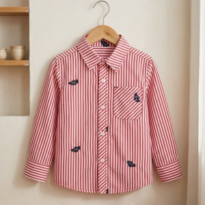 Red white striped boys button-up shirt dinosaur embroidery chest pocket
