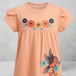 Peach girls cotton top with floral embroidery, bird design, flutter sleeves